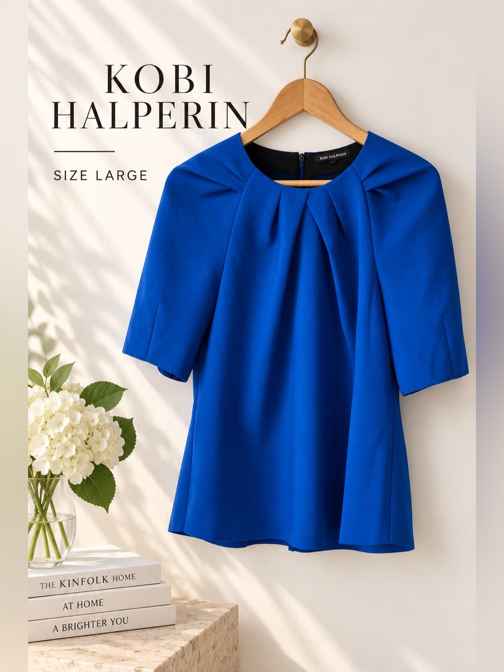 Kobi Halperin Cobalt Blue Pleated Neck Short Sleeve Blouse Size Large